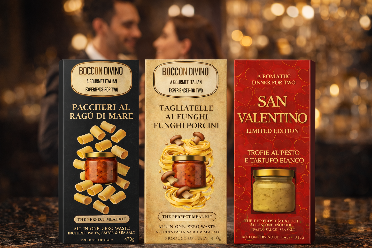 Three Boccon Divino premium Italian meal kit boxes