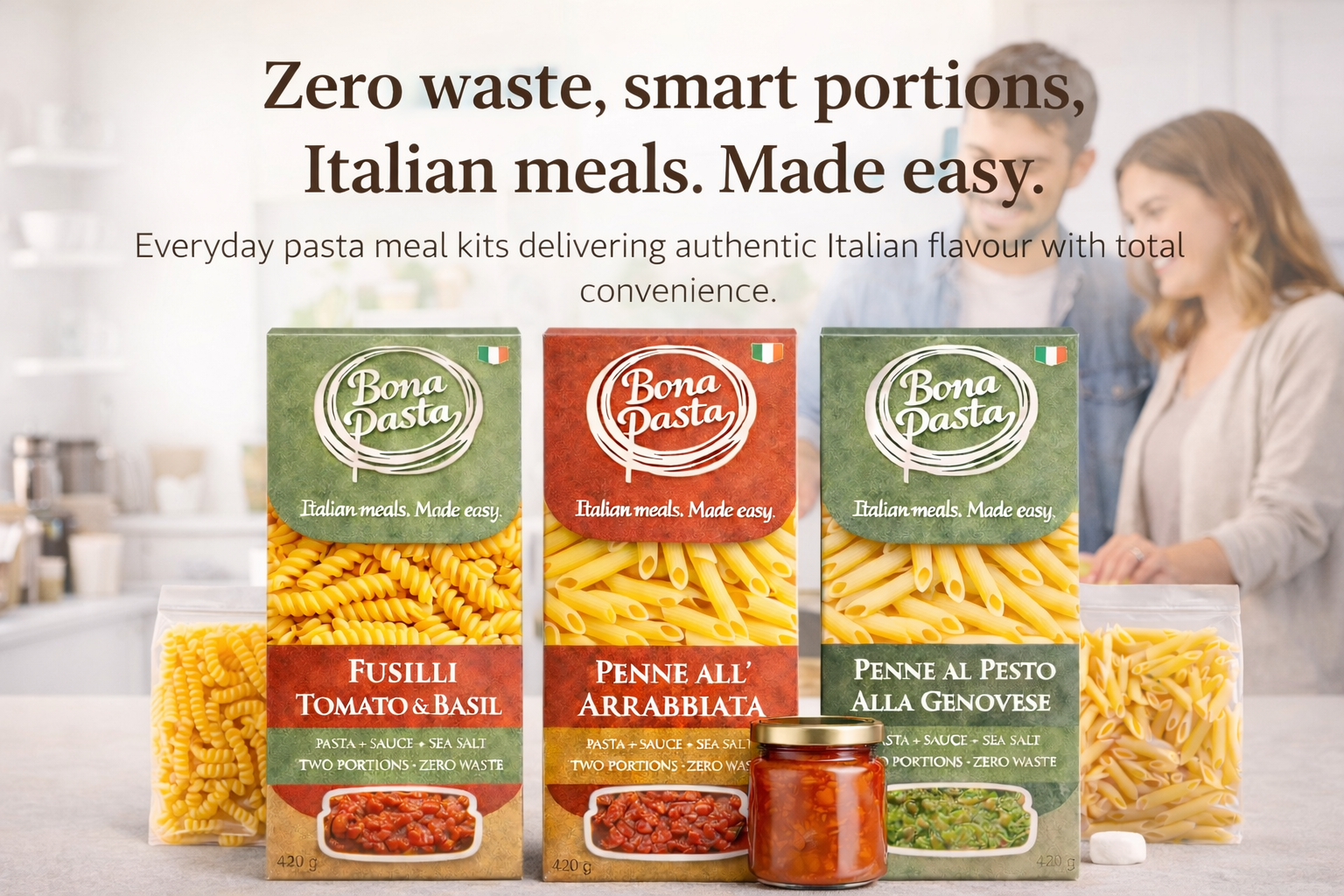 Three Bona Pasta meal kits - Fusilli Tomato & Basil, Penne all'Arrabbiata, and Penne al Pesto alla Genovese