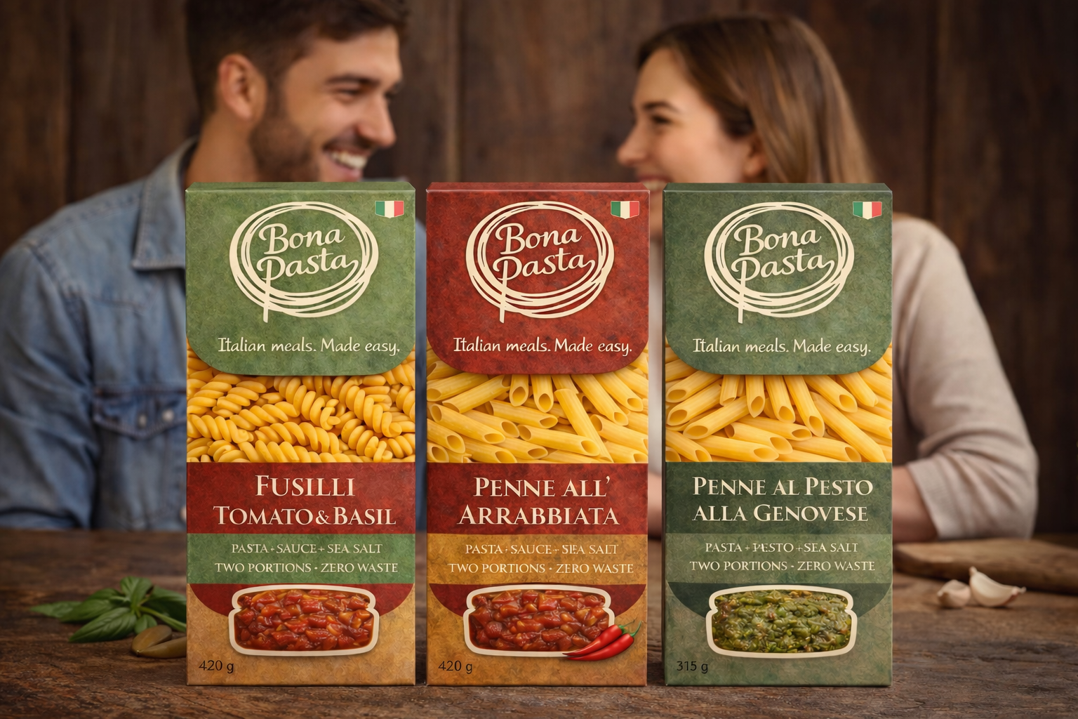 Three Bona Pasta Italian meal kit boxes - Fusilli Tomato & Basil, Penne all'Arrabbiata, and Penne al Pesto alla Genovese